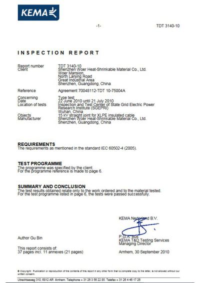Informe de inspección KEMA del empalme contráctil en frío de 15kV 